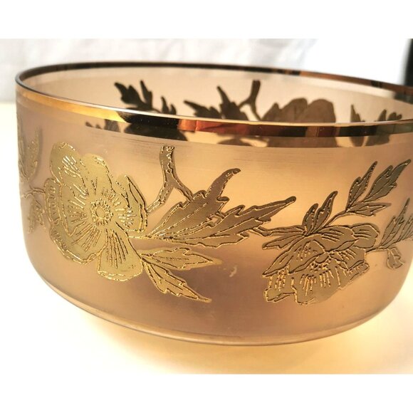 Amber Glass Vintage Gold Floral Accents Serving Dish Gold Gilt Band - Picture 6 of 9